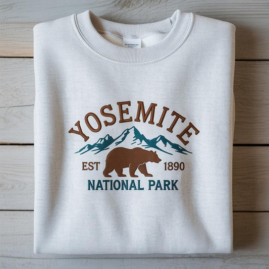 Yosemite National Park Embroidered Crewneck | Scenic Nature Sweatshirt | Mountain Adventure Embroidery Pullover | Outdoor Hiking Gift