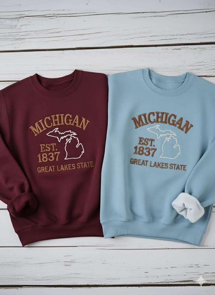 Michigan Embroidered Sweatshirt | Great Lakes Crewneck | Cozy State Pride Pullover | Lake Life Embroidery Gift for Travelers