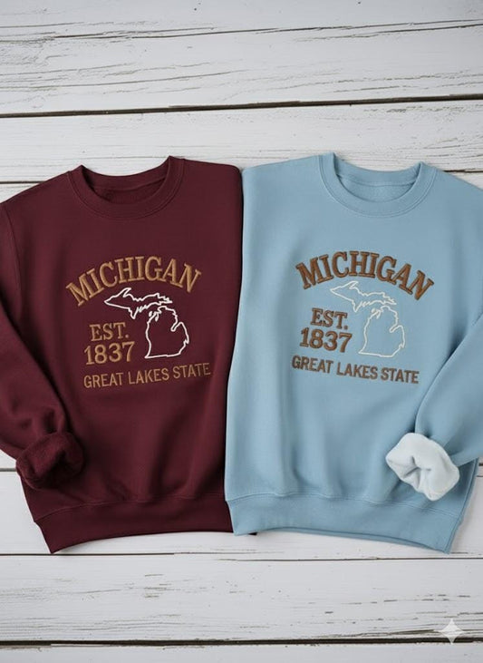 Michigan Embroidered Sweatshirt | Great Lakes Crewneck | Cozy State Pride Pullover | Lake Life Embroidery Gift for Travelers