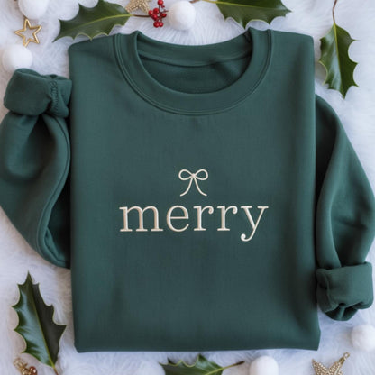 Embroidered Merry Christmas Sweatshirt, Christmas Eve Sweatshirt, Womens Christmas Outfit, Christmas Coquette Bow Sweatshirt