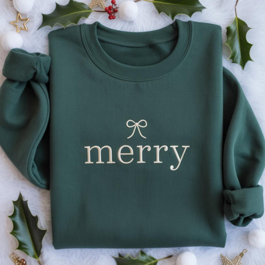 Embroidered Merry Christmas Sweatshirt, Christmas Eve Sweatshirt, Womens Christmas Outfit, Christmas Coquette Bow Sweatshirt