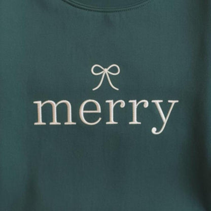 Embroidered Merry Christmas Sweatshirt, Christmas Eve Sweatshirt, Womens Christmas Outfit, Christmas Coquette Bow Sweatshirt