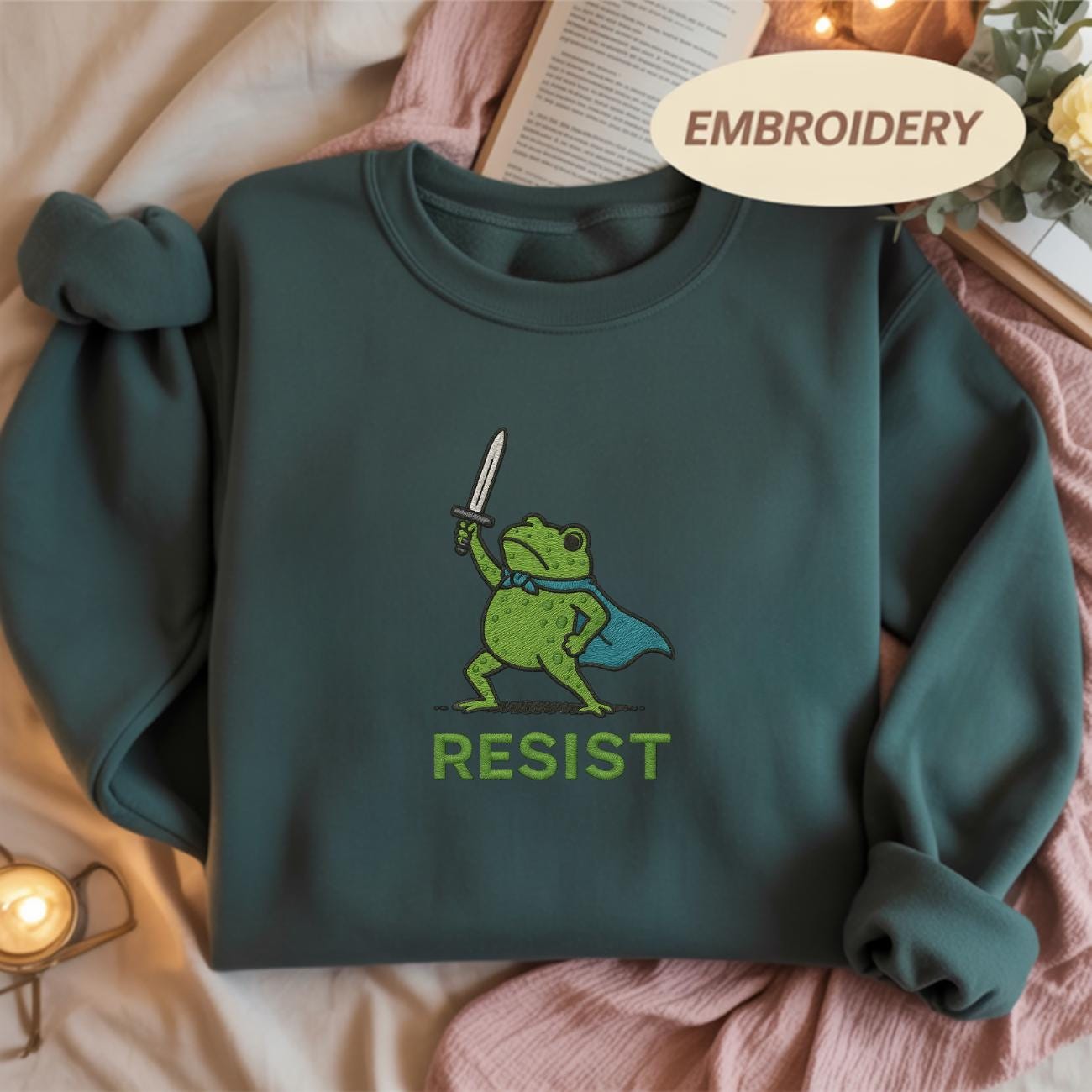 Resist Frog with Sword Embroidered Medieval Frog Sweatshirt, Portland Frog Protest Shirt, Anti ICE Shirt,  Resist Frog Meme Shirt,Anti Trump