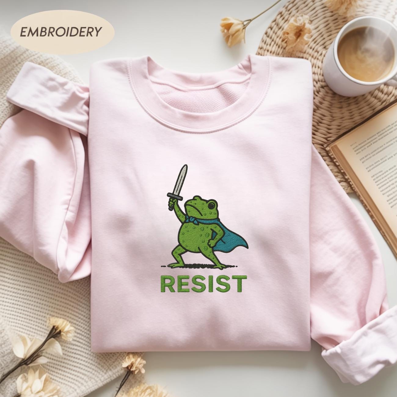 Resist Frog with Sword Embroidered Medieval Frog Sweatshirt, Portland Frog Protest Shirt, Anti ICE Shirt,  Resist Frog Meme Shirt,Anti Trump
