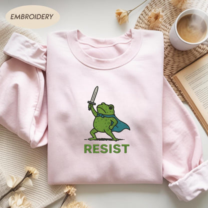 Resist Frog with Sword Embroidered Medieval Frog Sweatshirt, Portland Frog Protest Shirt, Anti ICE Shirt,  Resist Frog Meme Shirt,Anti Trump