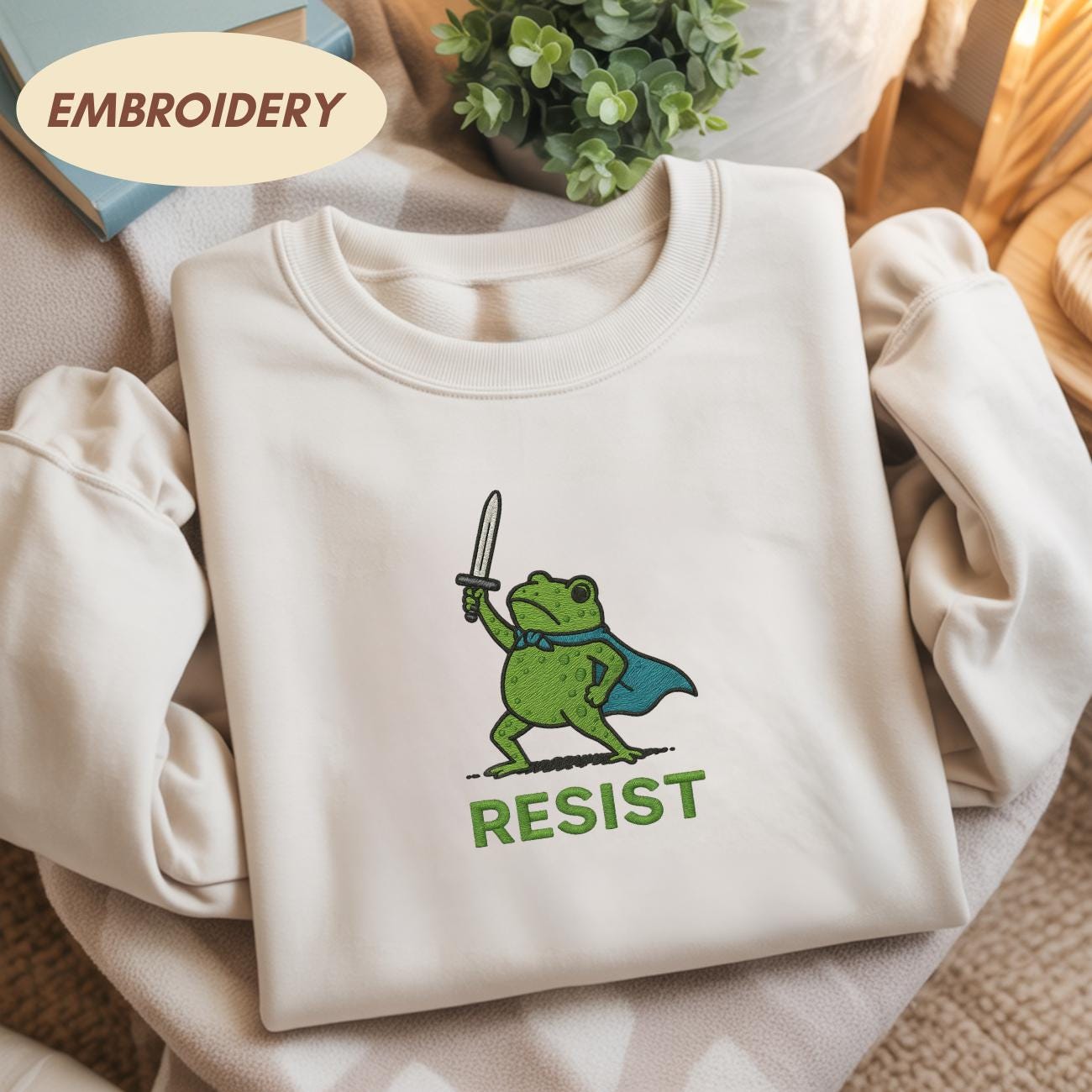 Resist Frog with Sword Embroidered Medieval Frog Sweatshirt, Portland Frog Protest Shirt, Anti ICE Shirt,  Resist Frog Meme Shirt,Anti Trump
