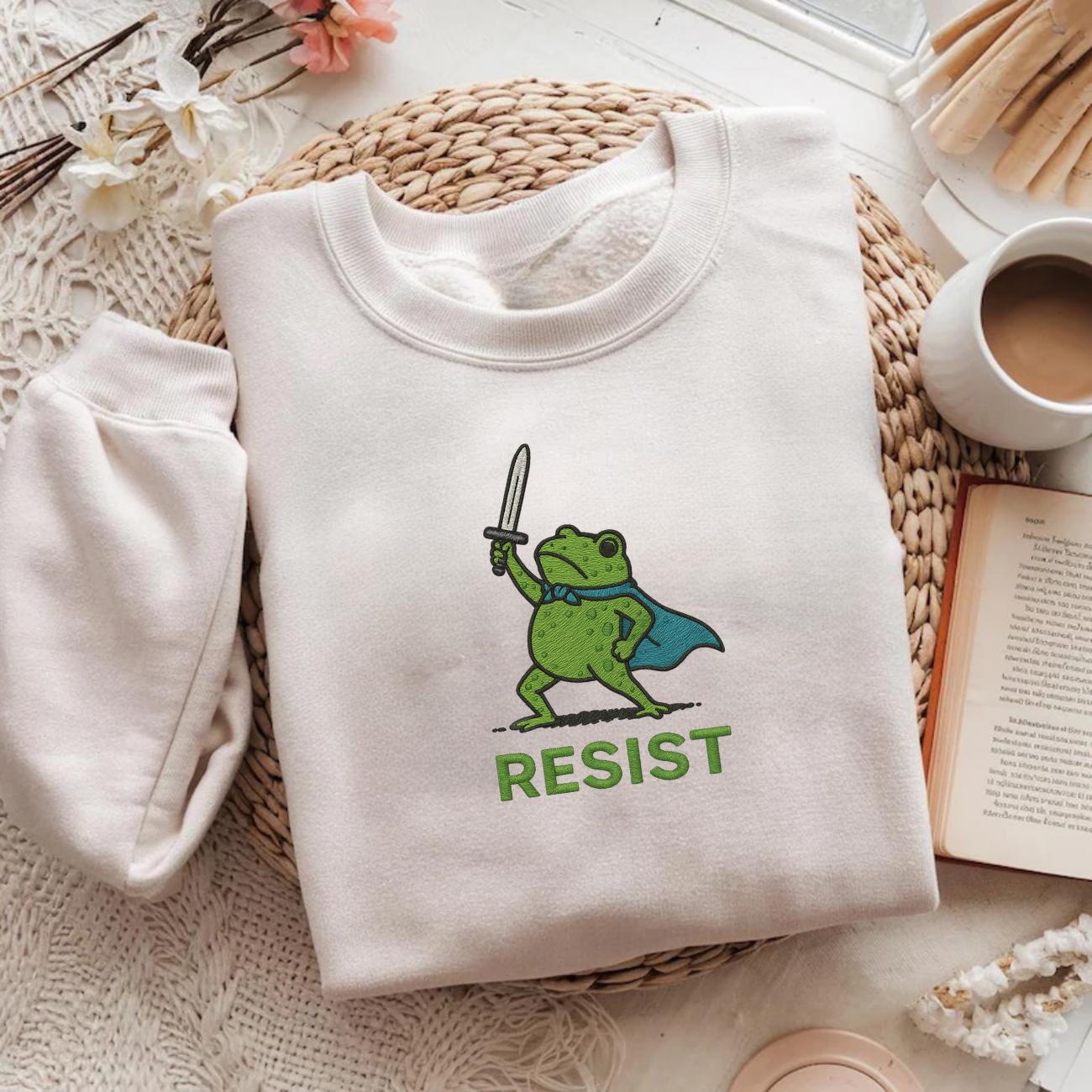 Resist Frog with Sword Embroidered Medieval Frog Sweatshirt, Portland Frog Protest Shirt, Anti ICE Shirt,  Resist Frog Meme Shirt,Anti Trump