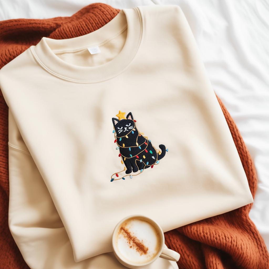 Cute Christmas Cat Embroidery Design, Festive Holiday Kitty Pattern, DIY Embroidered Cat Lover Gift, Xmas Decor Sewing