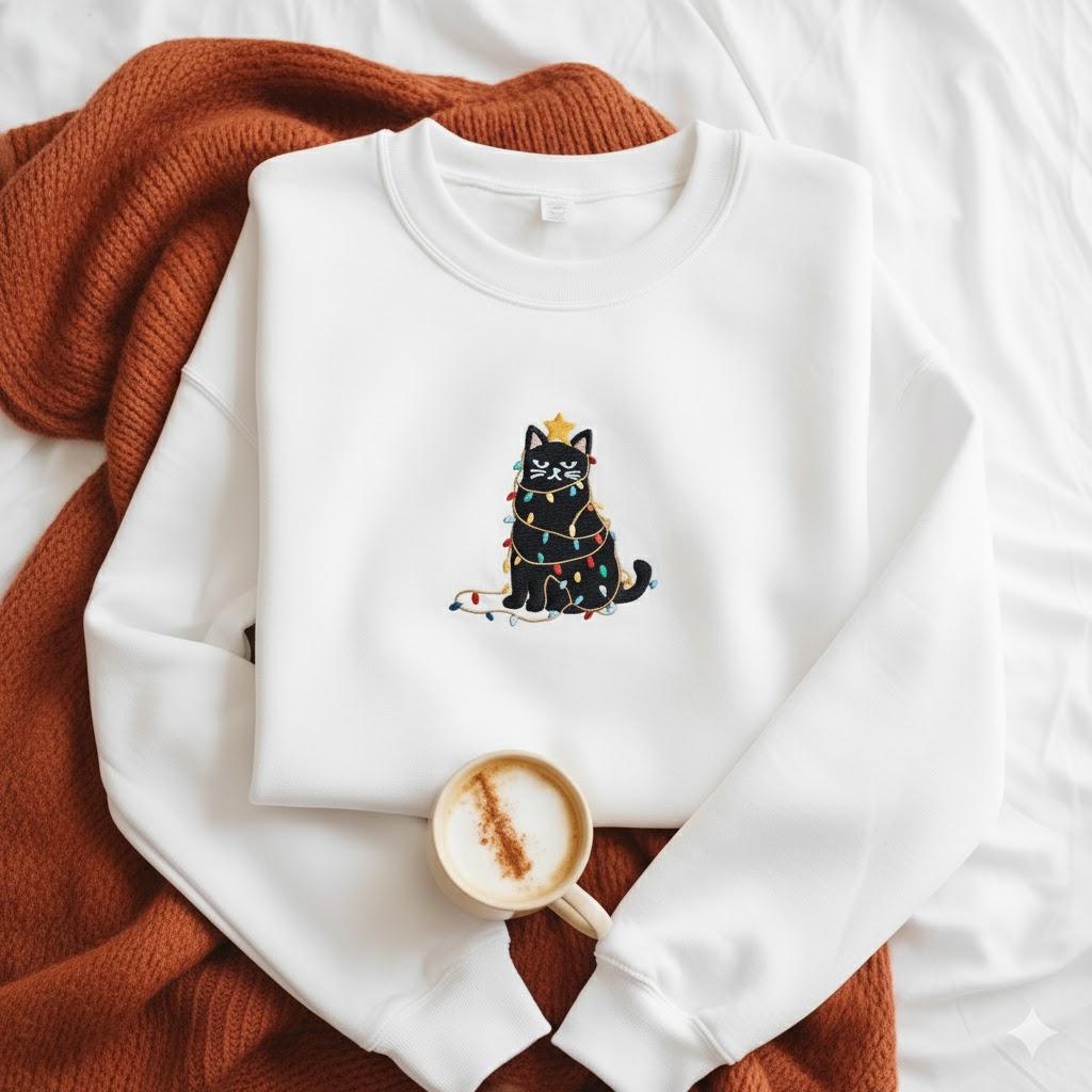 Cute Christmas Cat Embroidery Design, Festive Holiday Kitty Pattern, DIY Embroidered Cat Lover Gift, Xmas Decor Sewing