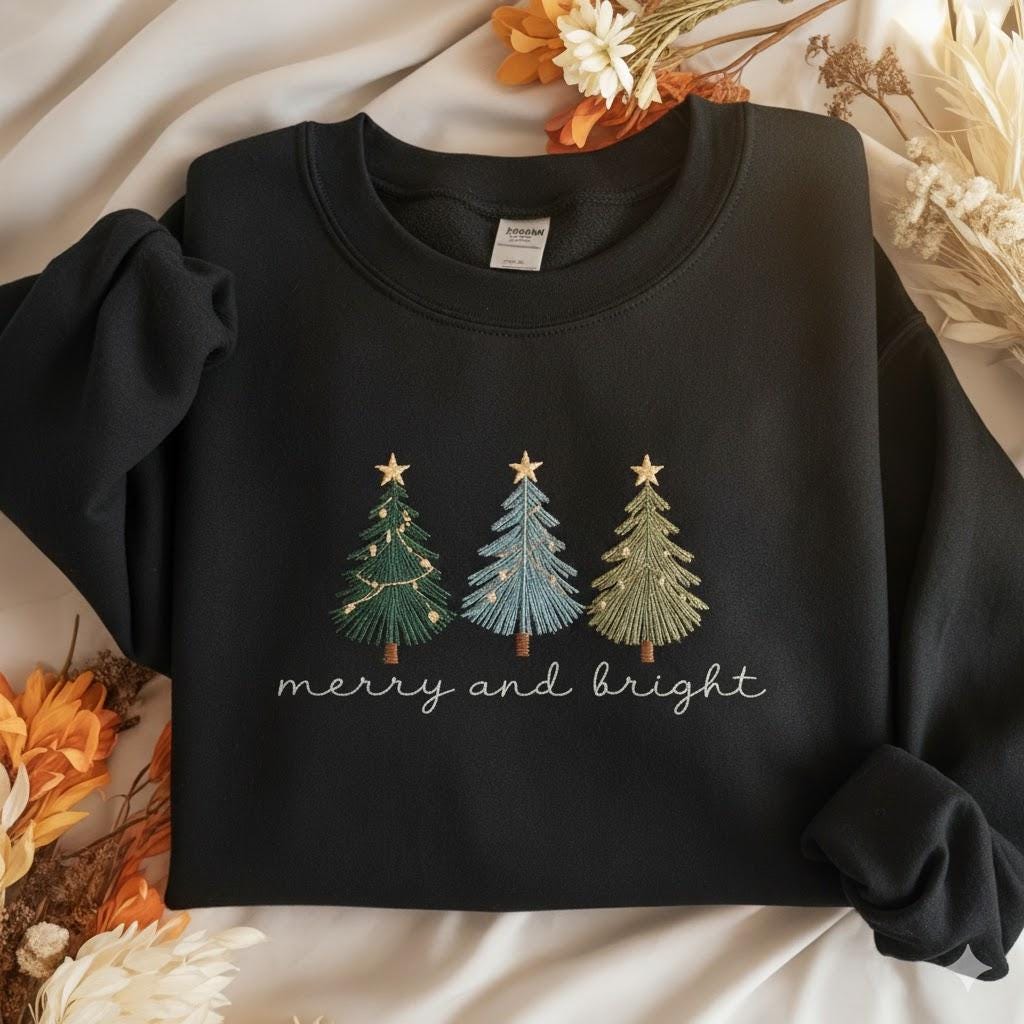 Merry and Bright Embroidered Shirt, Christmas Tree Embroidery Tee, Festive Holiday Top, Christian Xmas Shirt, Joyful Gift for Her