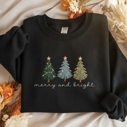 Merry and Bright Embroidered Shirt, Christmas Tree Embroidery Tee, Festive Holiday Top, Christian Xmas Shirt, Joyful Gift for Her