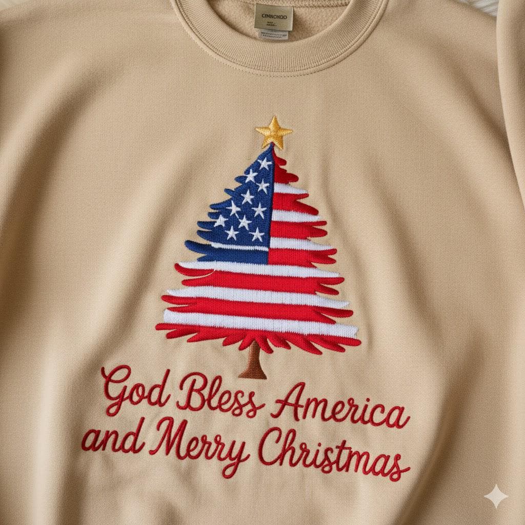Patriotic Christmas Tree Embroidered Shirt, USA Flag Holiday Embroidery Tee, Festive New Year Embroidered Top, Christmas Embroidery Gift