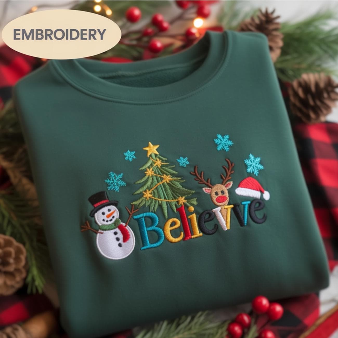 Believe Christmas Embroidered Sweatshirt, Cute Holiday Crewneck, Snowman Reindeer Tree Shirt, Cozy Winter Gift Sweater, Christmas Shirt