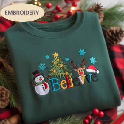 Believe Christmas Embroidered Sweatshirt, Cute Holiday Crewneck, Snowman Reindeer Tree Shirt, Cozy Winter Gift Sweater, Christmas Shirt