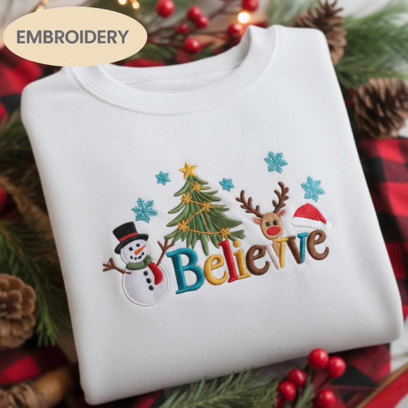 Believe Christmas Embroidered Sweatshirt, Cute Holiday Crewneck, Snowman Reindeer Tree Shirt, Cozy Winter Gift Sweater, Christmas Shirt