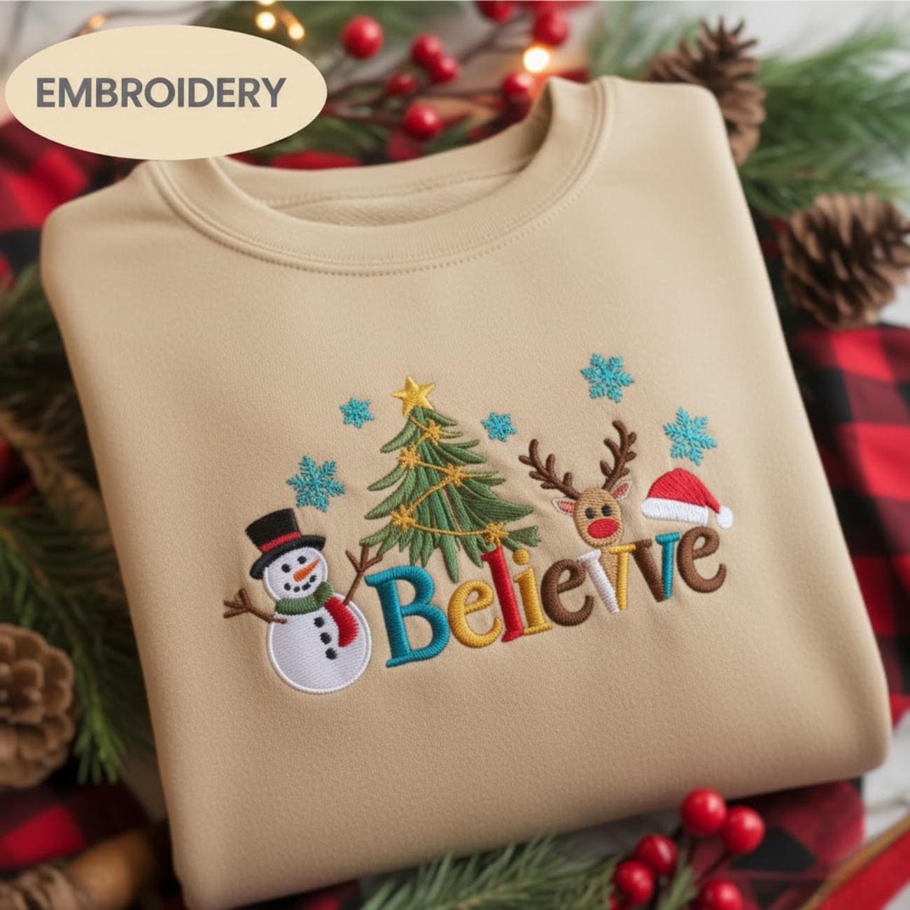 Believe Christmas Embroidered Sweatshirt, Cute Holiday Crewneck, Snowman Reindeer Tree Shirt, Cozy Winter Gift Sweater, Christmas Shirt