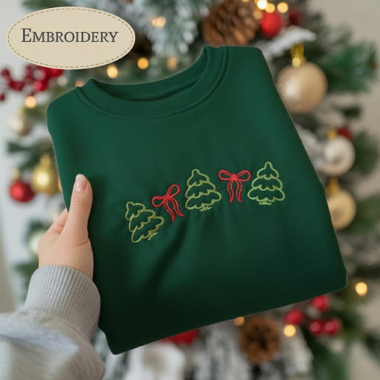 Christmas Tree and Bows Embroidered Sweatshirt, Cozy Winter Gift Sweater, Christmas Shirt, Merry & Bright Shirt, Gift For Christmas