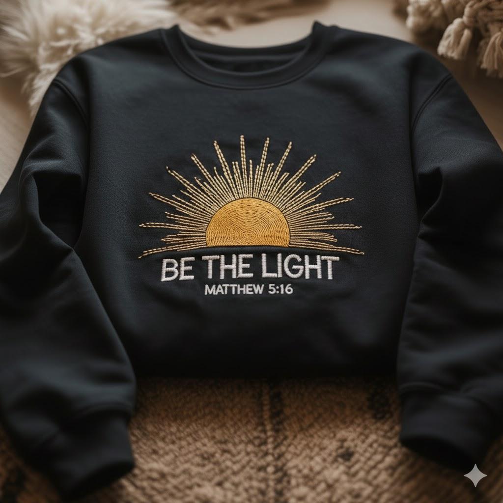 Be The Light Embroidered Shirt – Christian Bible Verse Tee, Faith Shirt for Women, Religious Jesus Lover Top, Positive Sunlight Gift