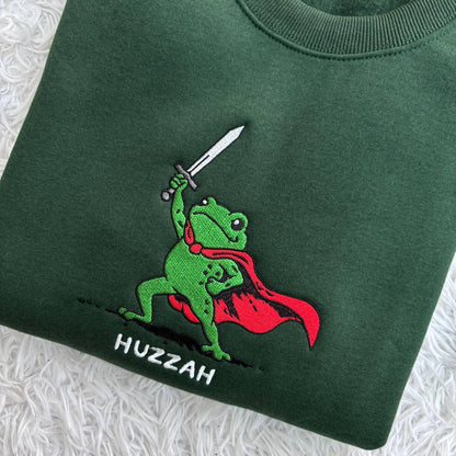Huzzah Frog with Sword Embroidered Medieval Frog Sweatshirt, Funny Hoodie, Renaissance Faire Frog Embroidered Shirt, Huzzah Frog Meme Shirt