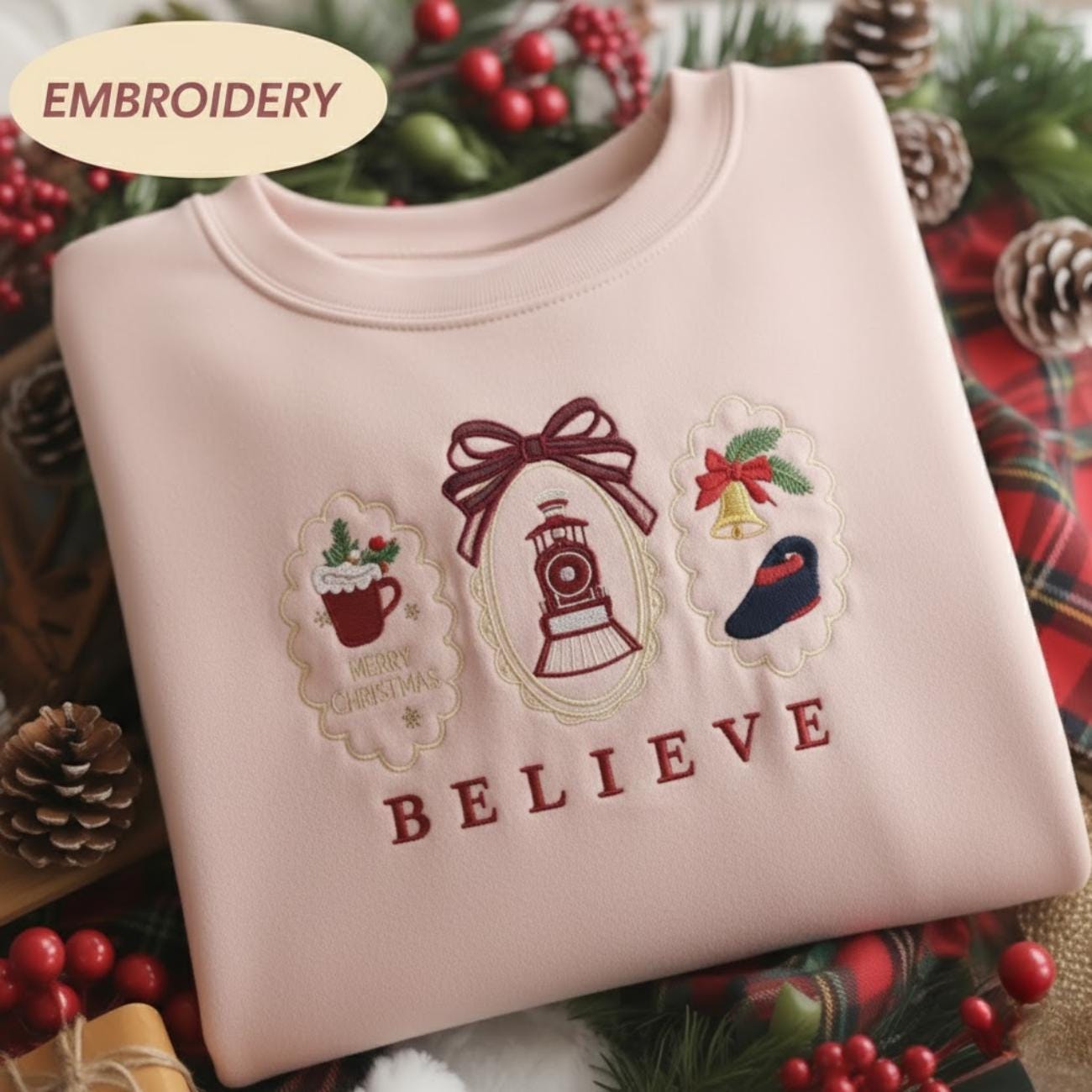 Believe Christmas Embroidered Sweatshirt, Merry Christmas Family Vacation, Cute Holiday Crewneck, Cozy Winter Gift Sweater, Christmas Shirt