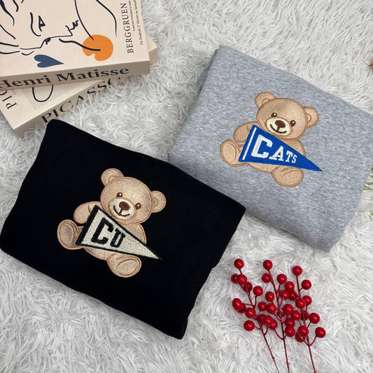 Custom College Sweatshirt, Embroidered Teddy Bear Sweatshirt, Custom University Name Pennant Shirt, Custom College Tee, Gift for collegue