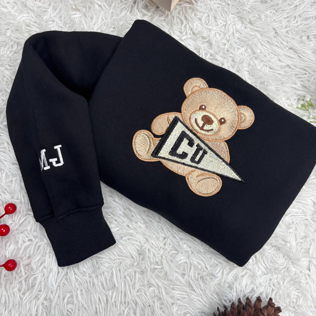 Custom College Sweatshirt, Embroidered Teddy Bear Sweatshirt, Custom University Name Pennant Shirt, Custom College Tee, Gift for collegue