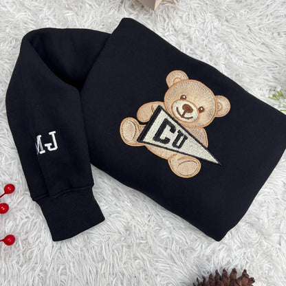 Custom College Sweatshirt, Embroidered Teddy Bear Sweatshirt, Custom University Name Pennant Shirt, Custom College Tee, Gift for collegue