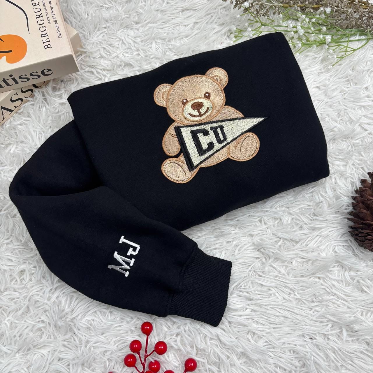 Custom College Sweatshirt, Embroidered Teddy Bear Sweatshirt, Custom University Name Pennant Shirt, Custom College Tee, Gift for collegue