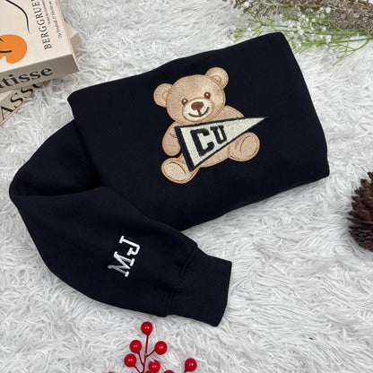 Custom College Sweatshirt, Embroidered Teddy Bear Sweatshirt, Custom University Name Pennant Shirt, Custom College Tee, Gift for collegue