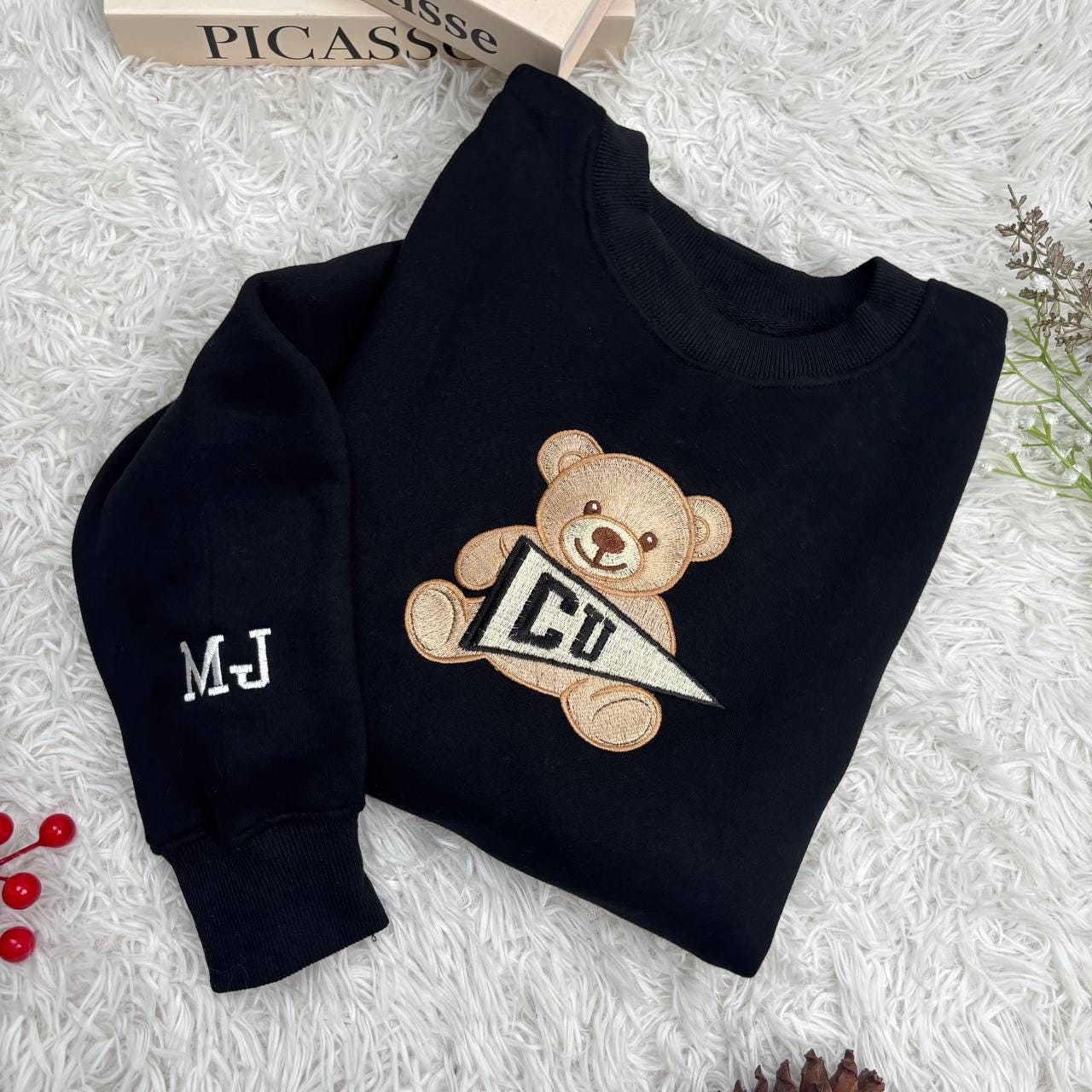 Custom College Sweatshirt, Embroidered Teddy Bear Sweatshirt, Custom University Name Pennant Shirt, Custom College Tee, Gift for collegue