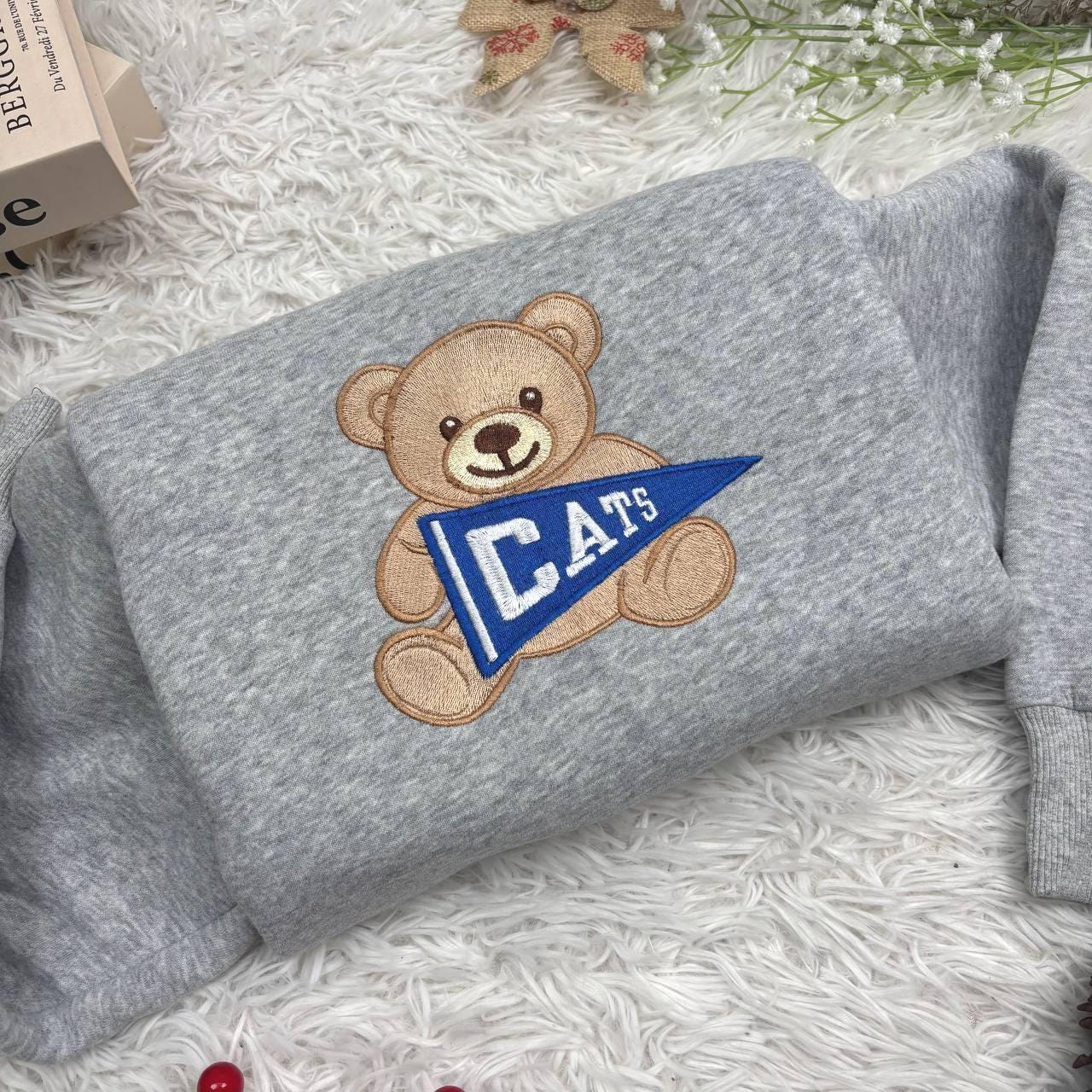 Custom College Sweatshirt, Embroidered Teddy Bear Sweatshirt, Custom University Name Pennant Shirt, Custom College Tee, Gift for collegue