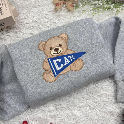 Custom College Sweatshirt, Embroidered Teddy Bear Sweatshirt, Custom University Name Pennant Shirt, Custom College Tee, Gift for collegue