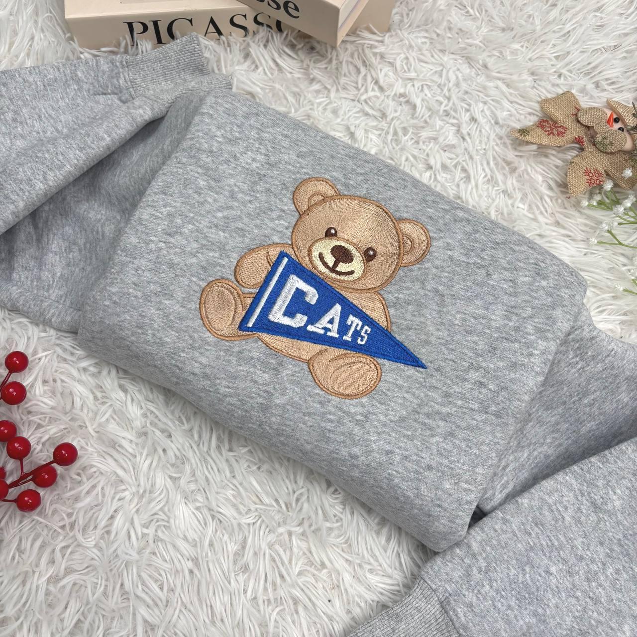 Custom College Sweatshirt, Embroidered Teddy Bear Sweatshirt, Custom University Name Pennant Shirt, Custom College Tee, Gift for collegue