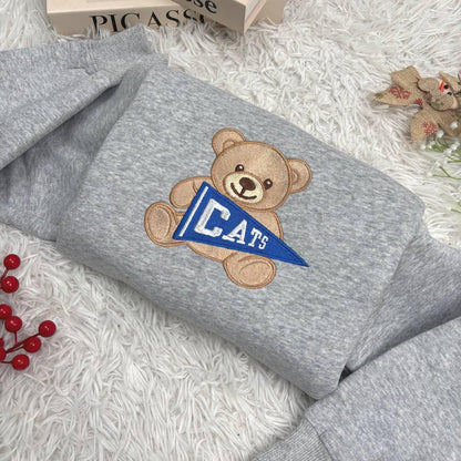 Custom College Sweatshirt, Embroidered Teddy Bear Sweatshirt, Custom University Name Pennant Shirt, Custom College Tee, Gift for collegue