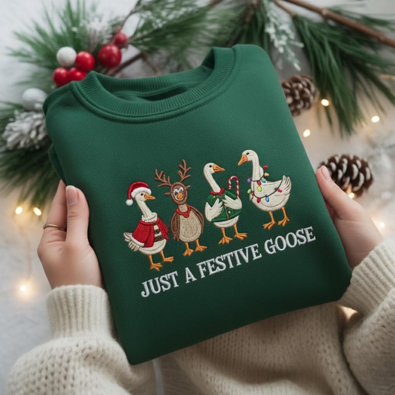 Christmas Goose Embroidered Sweatshirt, Just A Festive Goose, Reindeer, Tree, Gingerbread Outfits, Funny Holiday Shirt, Gift For Christmas