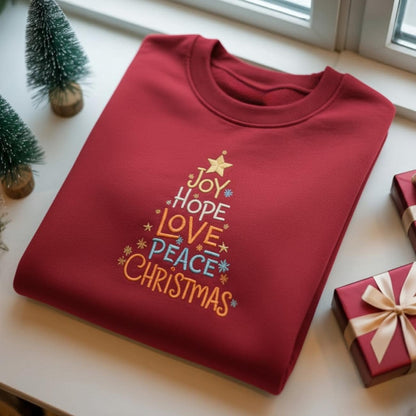 Joy Hope Love Peace Christmas Embroidered Sweatshirt, Christmas Tree Sweatshirt, Christmas Crewneck, Christmas Shirt for Women