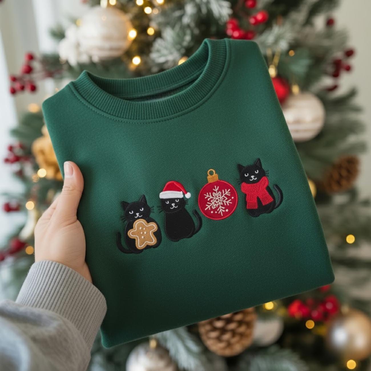 Christmas Black Cats Embroidered Sweatshirt, Cute Holiday Cat Lover Sweater, Festive Kitty Crewneck, Funny Xmas Gift, Cozy Winter Pet Shirt