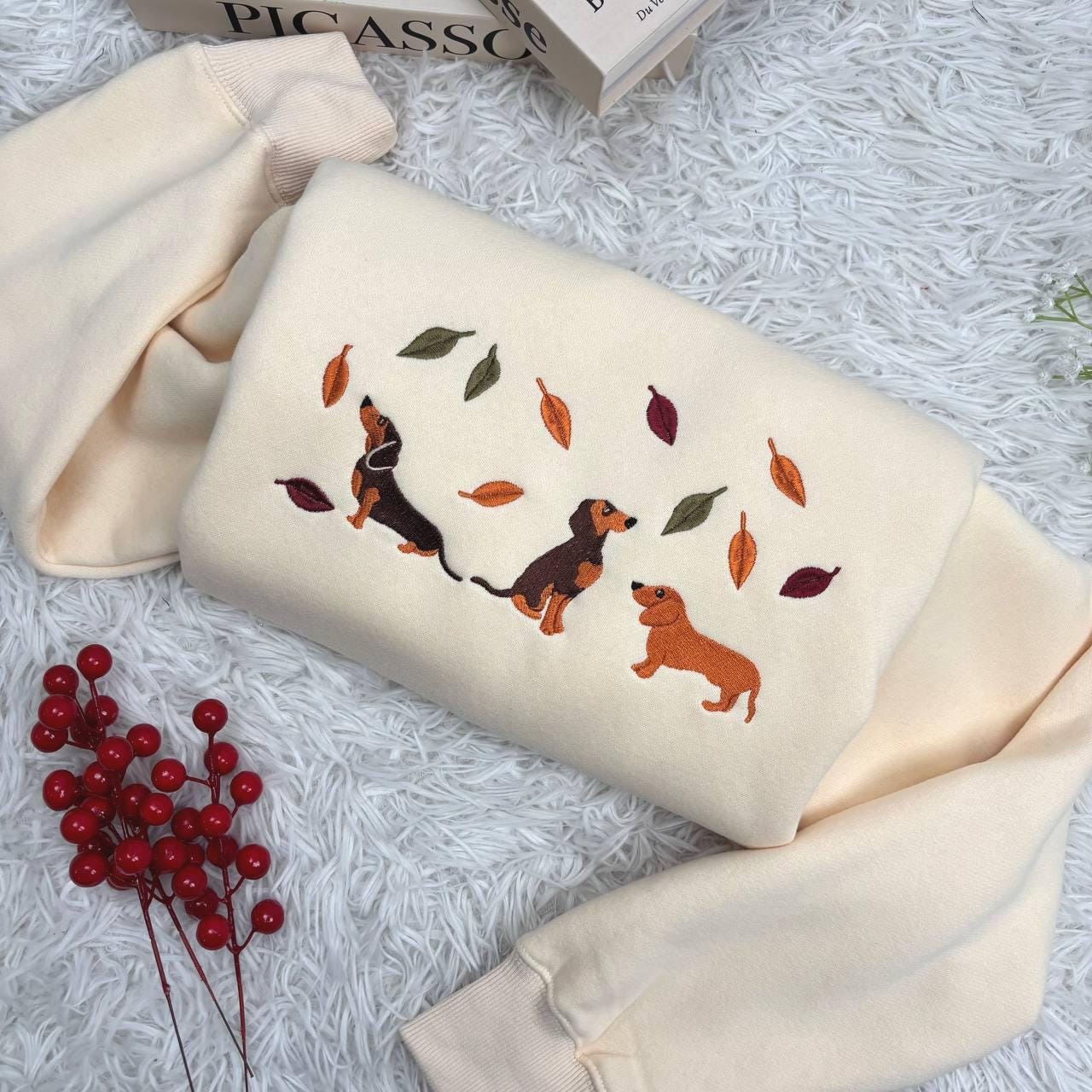 Embroidered Dachshund Dog Shirt, Black Dackel Sausage Puppy Shirt, Fall Dachshund Dog Embroidered Shirt, Tis The Season Shirt,Fall Dog Shirt