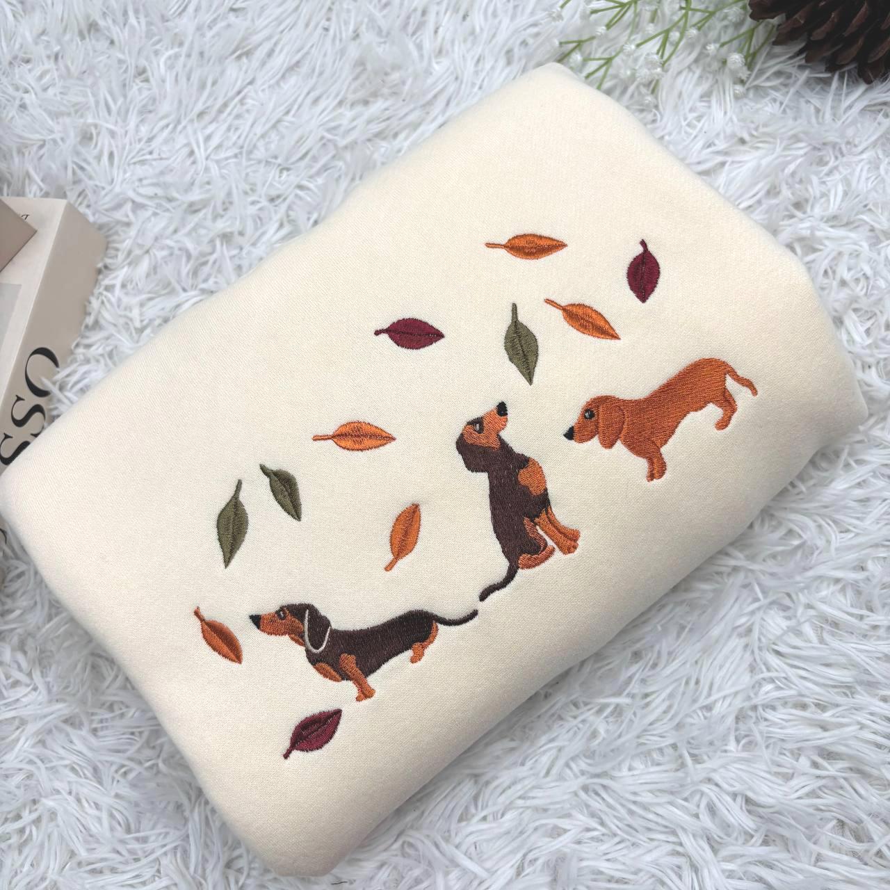 Embroidered Dachshund Dog Shirt, Black Dackel Sausage Puppy Shirt, Fall Dachshund Dog Embroidered Shirt, Tis The Season Shirt,Fall Dog Shirt