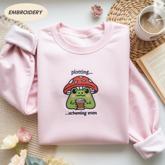 Mushroom Frog Embroidered Sweatshirt, Frogs And Mushrooms Shirt, Cottagcore Frog Lover Shirt, Funny Fairycore Toad Lover Sweatshirt