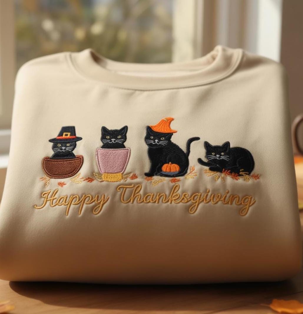 Embroidered Happy Thanksgiving Sweatshirt, Black Cat Embroidered Shirt, Pumpkin Season Shirt, Thanksgiving Fall Shirt, Thanksgiving Gift