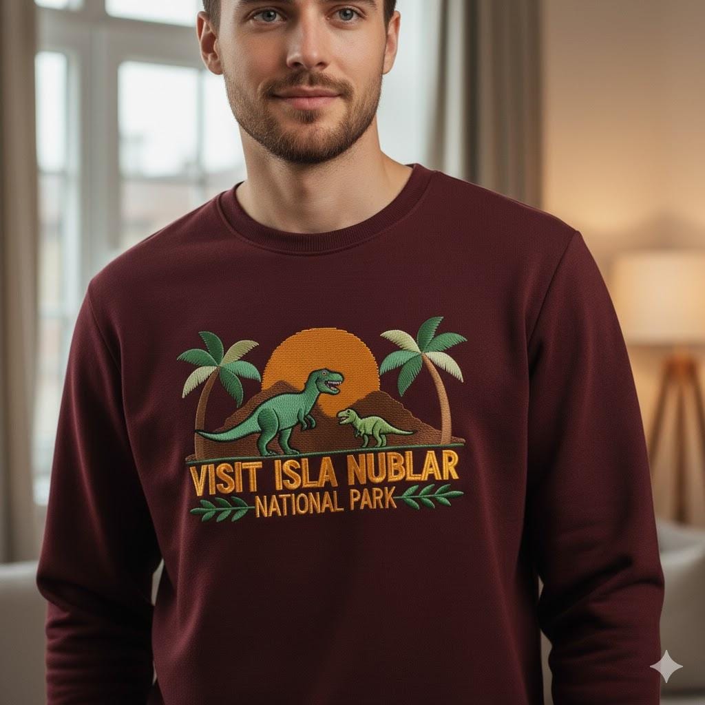 Visit Isla Nublar Embroidered Sweatshirt | Jurassic Park Crewneck | Dinosaur Lover Prehistoric Adventure Gift Top