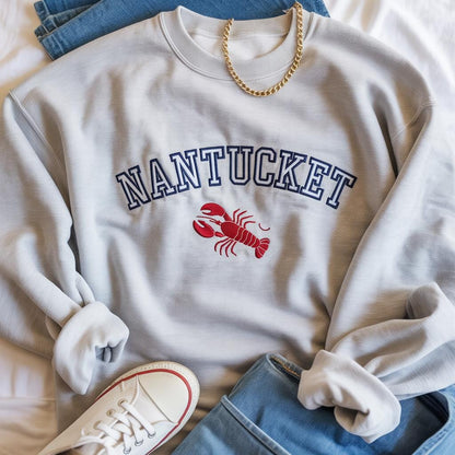 Nantucket Lobster Embroidered Sweatshirt | Coastal Cape Cod Crewneck | Preppy Beach Summer Vacation Gift Top