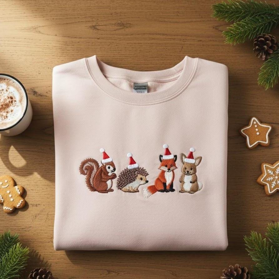 Embroidered Christmas Forest Animals Sweatshirt | Squirrel Fox Bunny Hedgehog in Santa Hats | Cute Holiday Embroidery Sweater