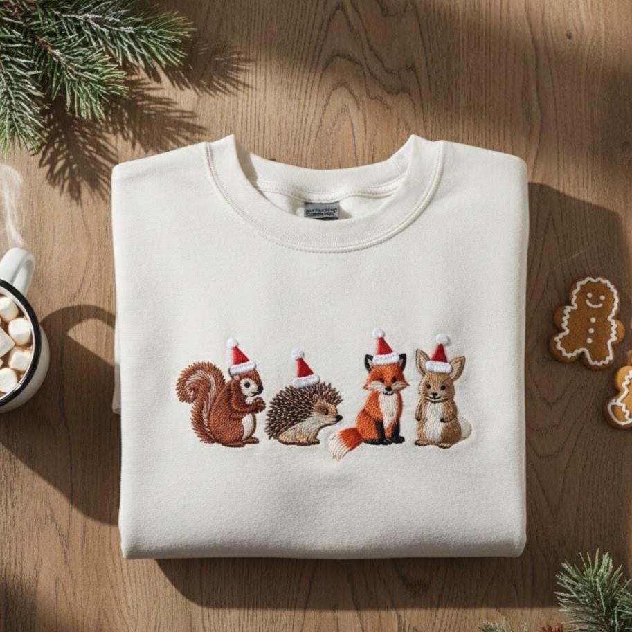 Embroidered Christmas Forest Animals Sweatshirt | Squirrel Fox Bunny Hedgehog in Santa Hats | Cute Holiday Embroidery Sweater