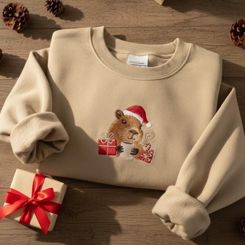 Coffee Capybara Christmas Embroidered Sweatshirt | Merry Xmas Capybara Shirt for Women | Cute Holiday Sweater Gift