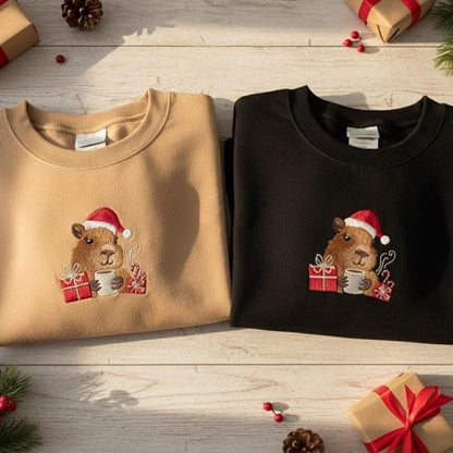 Coffee Capybara Christmas Embroidered Sweatshirt | Merry Xmas Capybara Shirt for Women | Cute Holiday Sweater Gift