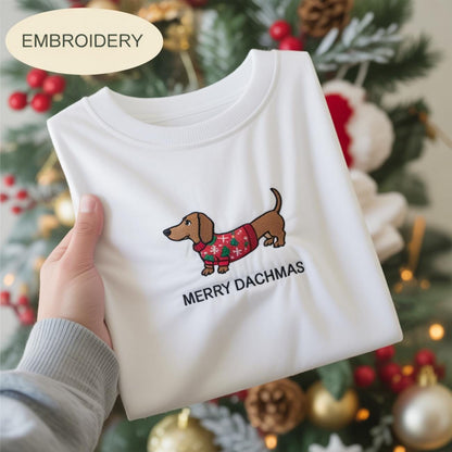 Embroidered Dachshund Christmas Sweatshirt, Comfort Colors Merry Dachmas Shirt, Holiday Dachshund Mom Dog Lover Sweater Doxie Xmas Crewneck
