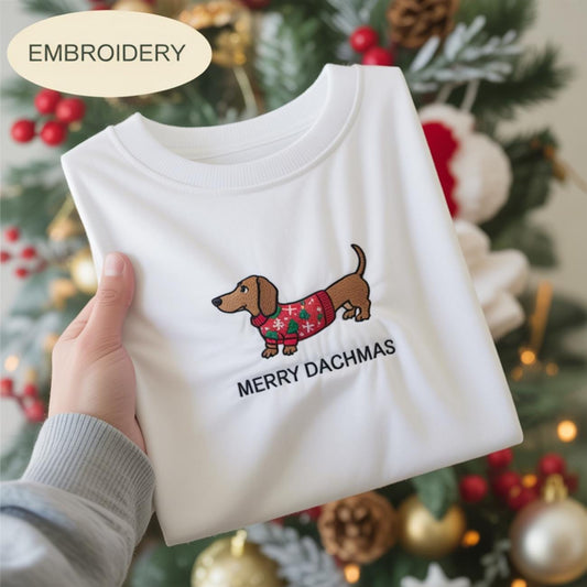 Embroidered Dachshund Christmas Sweatshirt, Comfort Colors Merry Dachmas Shirt, Holiday Dachshund Mom Dog Lover Sweater Doxie Xmas Crewneck