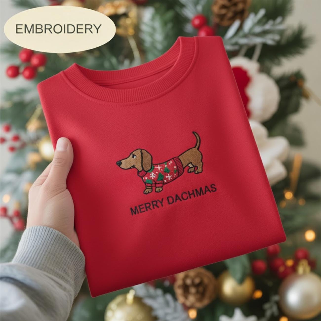 Embroidered Dachshund Christmas Sweatshirt, Comfort Colors Merry Dachmas Shirt, Holiday Dachshund Mom Dog Lover Sweater Doxie Xmas Crewneck